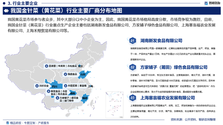 我国黄花菜市场参与者众多，其中大部分以中小企业为主，因此，我国黄花菜市场格局高度分散，市场竞争较为激烈，目前，我国金针菜（黄花菜）行业重点生产企业主要包括湖南新发食品有限公司、方家铺子绿色食品有限公司、上海塞翁福农业发展有限公司、上海禾煜贸易有限公司等。