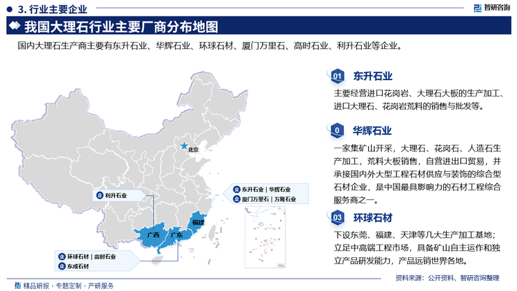 其中東升石業(yè)主要經(jīng)營進(jìn)口花崗巖、大理石大板的生產(chǎn)加工，進(jìn)口大理石、花崗巖荒料的銷售與批發(fā)等。華輝石業(yè)是一家集礦山開采，大理石、花崗石、人造石生產(chǎn)加工，荒料大板銷售，自營進(jìn)出口貿(mào)易，并承接國內(nèi)外大型工程石材供應(yīng)與裝飾的綜合型石材企業(yè)，是中國最具影響力的石材工程綜合服務(wù)商之一。環(huán)球石材下設(shè)東莞、福建、天津等幾大生產(chǎn)加工基地，立足中高端工程市場，具備礦山自主運(yùn)作和獨(dú)立產(chǎn)品研發(fā)能力，產(chǎn)品遠(yuǎn)銷世界各地。