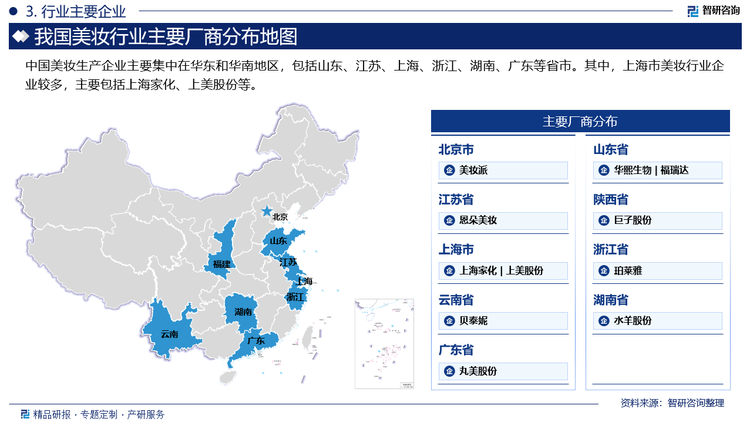 中国美妆生产企业主要集中在华东和华南地区，包括山东、江苏、上海、浙江、湖南、广东等省市。其中，上海市美妆行业企业较多，主要包括上海家化、上美股份等。