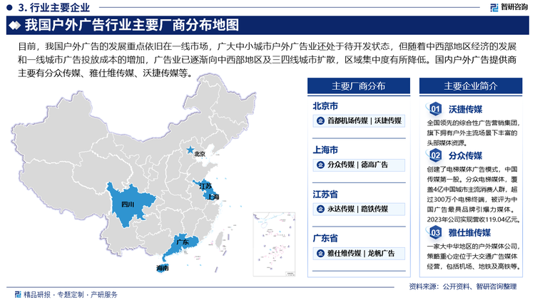 目前，我国户外广告的发展重点依旧在一线市场，广大中小城市户外广告业还处于待开发状态，但随着中西部地区经济的发展和一线城市广告投放成本的增加，广告业已逐渐向中西部地区及三四线城市扩散，区域集中度有所降低。国内户外广告提供商主要有分众传媒、雅仕维传媒、沃捷传媒等。