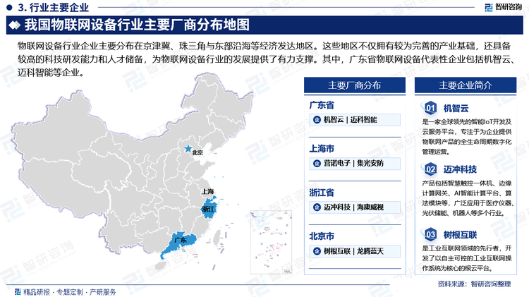 物联网设备行业企业主要分布在京津冀、珠三角与东部沿海等经济发达地区。这些地区不仅拥有较为完善的产业基础，还具备较高的科技研发能力和人才储备，为物联网设备行业的发展提供了有力支撑。其中，广东省物联网设备代表性企业包括机智云、迈科智能等企业。