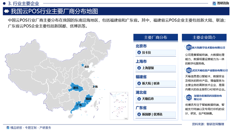 中国云POS行业厂商主要分布在我国的东南沿海地区，包括福建省和广东省。其中，福建省云POS企业主要包括新大陆、联迪；广东省云POS企业主要包括新国都、优博讯等。