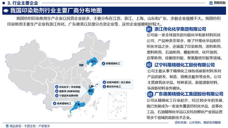 我国纺织印染助剂生产企业以民营企业居多，主要分布在江苏、浙江、上海、山东和广东，多数企业规模不大。我国纺织印染助剂主要生产企业有浙江传化、广东德美以及部分合资企业等，这些企业规模相对较大。