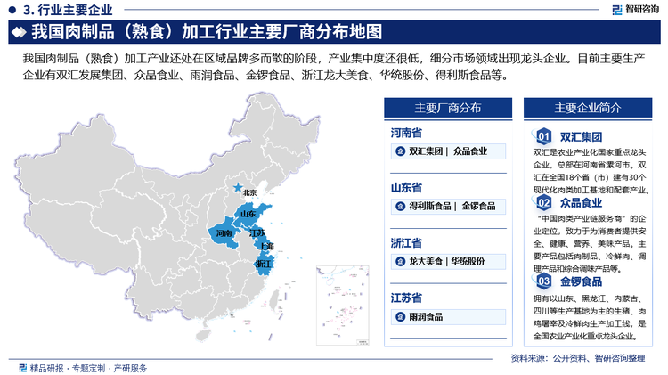 我国肉制品（熟食）加工产业还处在区域品牌多而散的阶段，产业集中度还很低，细分市场领域出现龙头企业。目前主要生产企业有双汇发展集团、众品食业、雨润食品、金锣食品、浙江龙大美食、华统股份、得利斯食品等。其中，双汇是农业产业化国家重点龙头企业，总部在河南省漯河市。双汇在全国18个省（市）建有30个现代化肉类加工基地和配套产业。2023年双汇发展实现营业总收入601.0亿元，净利润为50.5亿元。