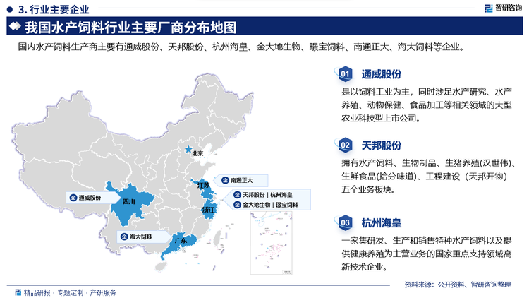 部分企业概况而言，通威股份是以饲料工业为主，同时涉足水产研究、水产养殖、动物保健、食品加工等相关领域的大型农业科技型上市公司。天邦股份拥有水产饲料、生物制品、生猪养殖(汉世伟)生鲜食品(拾分味道)、工程建设(天邦开物)五个业务板块。杭州海皇是一家集研发、生产和销售特种水产饲料以及提供健康养殖为主营业务的国家重点支持领域高新技术企业。