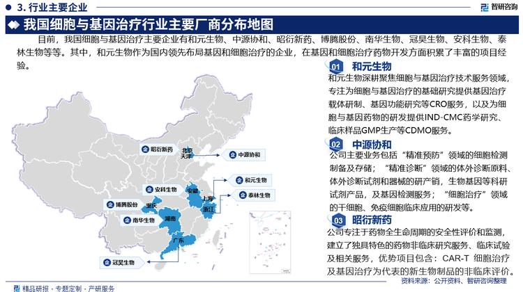 目前，我国细胞与基因治疗主要企业有和元生物、中源协和、昭衍新药、博腾股份、南华生物、冠昊生物、安科生物、泰林生物等等。其中，和元生物作为国内领先布局基因和细胞治疗的企业，在基因和细胞治疗药物开发方面积累了丰富的项目经验。基因治疗CRO业务方面，和元生物积极扩大服务场景，不断推出新产品并尝试拓展新领域，进一步提升市场占有率。2023年实现销售收入0.79亿元，较上年同期增长20.56%；基因治疗CDMO业务实现销售收入1.7亿元。