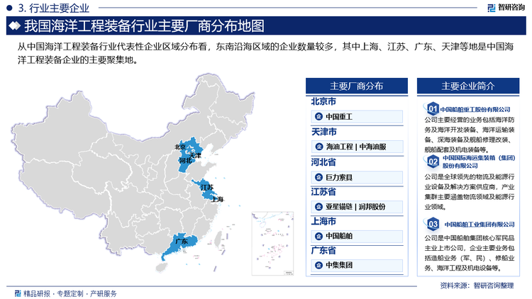 从中国海洋工程装备行业代表性企业区域分布看，东南沿海区域的企业数量较多，其中上海、江苏、广东、天津等地是中国海洋工程装备企业的主要聚集地。