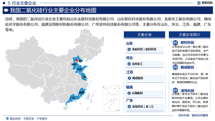 目前，我国的二氧化硅行业企业主要包括山东金能科技股份有限公司、山东联科科技股份有限公司、龙星化工股份有限公司、确成硅化学股份有限公司、福建远翔新材料股份有限公司、广州凌玮科技股份有限公司等，主要分布在山东、河北、江苏、福建、广东等地。