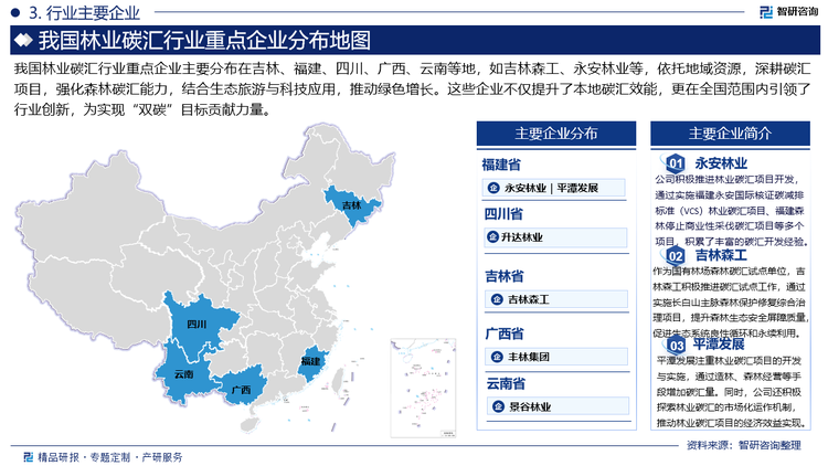 我国林业碳汇行业重点企业主要分布在吉林、福建、四川、广西、云南等地，如吉林森工、永安林业等，依托地域资源，深耕碳汇项目，强化森林碳汇能力，结合生态旅游与科技应用，推动绿色增长。这些企业不仅提升了本地碳汇效能，更在全国范围内引领了行业创新，为实现“双碳”目标贡献力量。