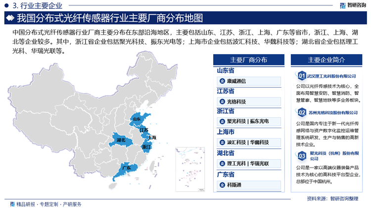 中国分布式光纤传感器行业厂商主要分布在东部沿海地区，主要包括山东、江苏、浙江、上海、广东等省市，浙江、上海、湖北等企业较多。其中，浙江省企业包括聚光科技、振东光电等；上海市企业包括波汇科技、华魏科技等；湖北省企业包括理工光科、华瑞光联等。