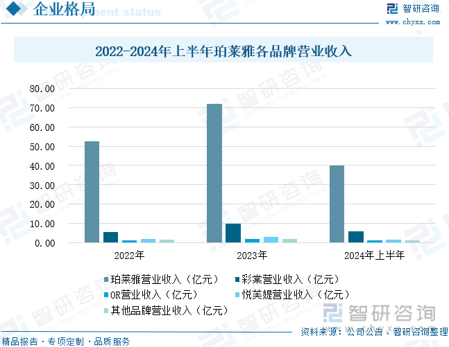 2022-2024年上半年珀莱雅各品牌营业收入