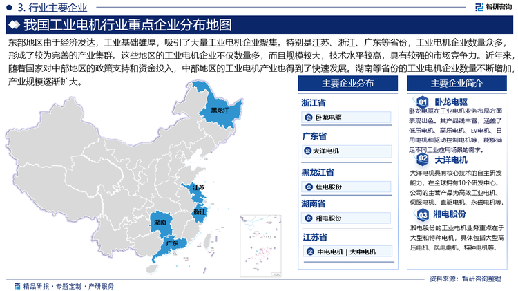 东部地区由于经济发达，工业基础雄厚，吸引了大量工业电机企业聚集。特别是江苏、浙江、广东等省份，工业电机企业数量众多，形成了较为完善的产业集群。这些地区的工业电机企业不仅数量多，而且规模较大，技术水平较高，具有较强的市场竞争力。近年来，随着国家对中部地区的政策支持和资金投入，中部地区的工业电机产业也得到了快速发展。湖南等省份的工业电机企业数量不断增加，产业规模逐渐扩大。