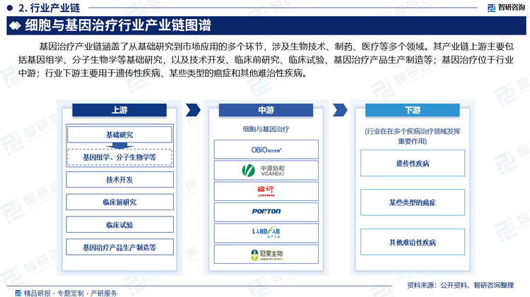 基因治疗产业链涵盖了从基础研究到市场应用的多个环节，涉及生物技术、制药、医疗等多个领域。其产业链上游主要包括基因组学、分子生物学等基础研究，以及技术开发、临床前研究、临床试验、基因治疗产品生产制造等；基因治疗位于行业中游，我国细胞基因治疗药物的不断上市；行业下游主要用于遗传性疾病、某些类型的癌症和其他难治性疾病。未来，随着核心设备、耗材、药品的自给能力不断提升、基因治疗的成本将进一步降低，惠及的患者人群将进一步扩大。