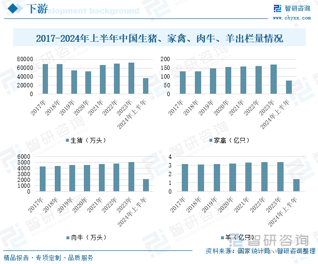 2017-2024年上半年中国生猪、家禽、肉牛、羊出栏量情况