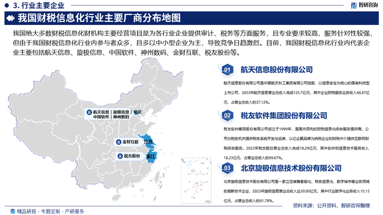 我国绝大多数财税信息化财机构主要经营项目是为各行业企业提供审计、税务等方面服务，且专业要求较高，服务针对性较强，但由于我国财税信息化行业内参与者众多，且多以中小型企业为主，导致竞争日趋激烈。目前，我国财税信息化行业内代表企业主要包括航天信息、旋极信息、中国软件、神州数码、金财互联、税友股份等，其中，航天信息公司作为航天科工集团控股企业、以信息安全技术为核心的国有科技型上市公司，在我国税务信息化领域处于领先地位，其核心竞争力主要表现在以下九个方面：有清晰的战略定位和明确的发展目标，有完善的技术与产品体系，有“科改示范企业”的专项改革政策，有建设世界一流专业领军企业的综合实力，有千万级的庞大用户群体，有国家和行业的完备顶级资质，有充裕的现金资产与强大的融资能力，有遍布全国的营销售后服务体系，有央企背景和航天品牌提供的丰沛资源与信用背书，有一支想干事、能干事、干成事的干部职工队伍。