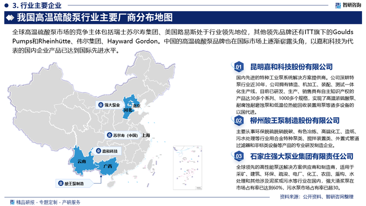 昆明嘉和科技股份有限公司成立于1998年，是国内先进的特种工业泵系统解决方案提供商。公司深耕特泵行业近30年，公司拥有铸造、机加工、装配、测试一体化生产线，目前已研发、生产、销售具有自主知识产权的产品达30多个系列、1000多个规格，实现了高温浓硫酸泵、耐腐蚀耐磨蚀泵和低温位热能回收装置用泵等诸多设备的以国代进。服务硫磷化工、石油化工、有色冶炼、煤化工等领域，为客户提供具有国内领先水平的高端泵类装备。高温硫酸泵业务方面，据统计，2021-2023年昆明嘉和科技股份有限公司年度高温硫酸泵产品销售收入分别为24977.19万元、27904.83万元、31735.62万元，按照2023年全球高温硫酸泵3.09亿美元（折合20.86亿元）的市场体量计算，公司全球市场份额达到15.21%，成为仅次于瑞士苏尔寿集团的全球第二大高温硫酸泵供应商。同时，根据中国通用机械工业协会泵业分会统计数据，近三年嘉和科技其占国内市场份额均超过80%，嘉和科技以其高性价比产品逐渐替代国外同类产品，市场地位稳固，竞争力强劲。