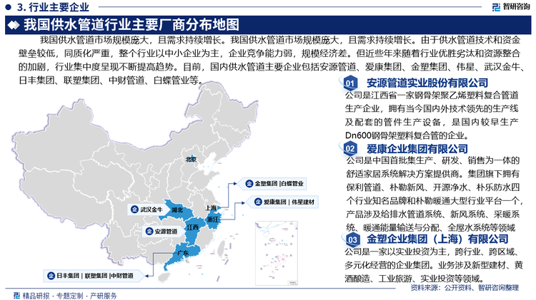 目前，国内供水管道主要企业包括安源管道实业股份有限公司、爱康企业集团有限公司、金塑企业集团（上海）有限公司、浙江伟星新型建材股份有限公司、武汉金牛经济发展有限公司、日丰企业集团有限公司、中国联塑集团控股有限公司、浙江中财管道科技股份有限公司、上海白蝶管业科技股份有限公司等。