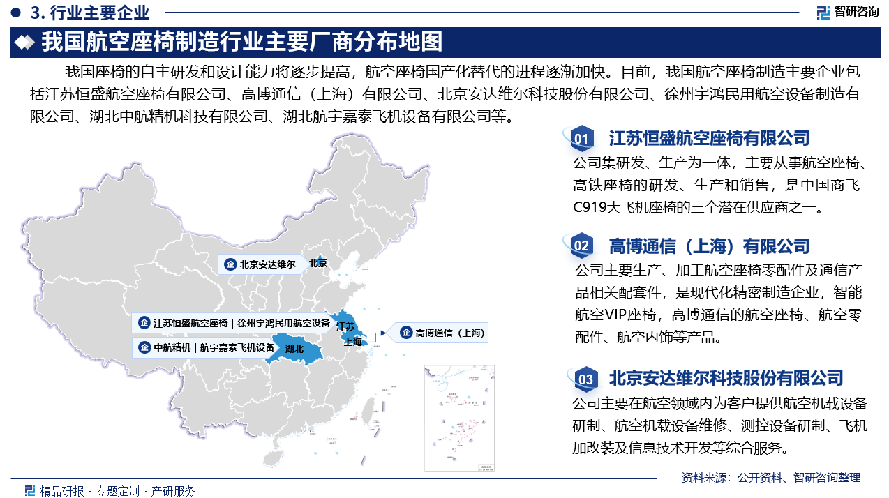 我国航空座椅的自主研发和设计能力将逐步提高，航空座椅国产化替代的进程逐渐加快。目前，我国航空座椅制造主要企业包括江苏恒盛航空座椅有限公司、高博通信（上海）有限公司、北京安达维尔科技股份有限公司、徐州宇鸿民用航空设备制造有限公司、湖北中航精机科技有限公司、湖北航宇嘉泰飞机设备有限公司等。