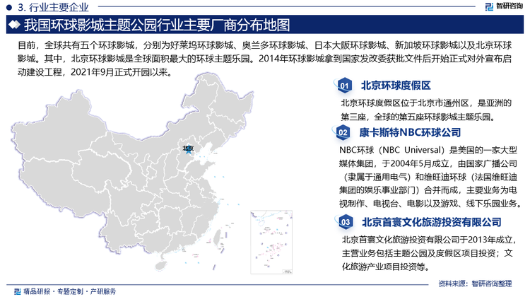 目前，全球共有五个环球影城，分别为好莱坞环球影城、奥兰多环球影城、日本大阪环球影城、新加坡环球影城以及北京环球影城。其中，北京环球影城是全球五大环球主题乐园之一，也是全球面积最大的环球主题乐园。北京环球度假区由北京首寰文化旅游投资有限公司及康卡斯特NBC环球公司旗下的环球主题公园及度假区合资拥有。环球主题公园一期2021年9月开园以来，当年累计接待游客突破210万人次，实现营业收入16.45亿元，是京城“首店经济”最具规模化的商圈之一。