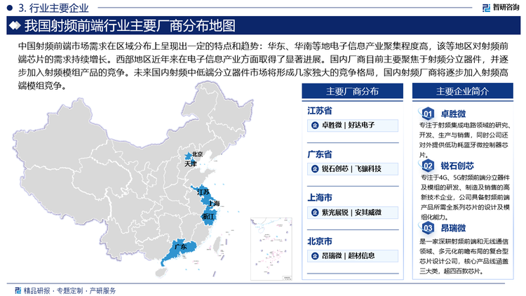 国内厂商目前主要聚焦于射频分立器件，并逐步加入射频模组产品的竞争。未来国内射频中低端分立器件市场将形成几家独大的竞争格局，国内射频厂商将逐步加入射频高端模组竞争。