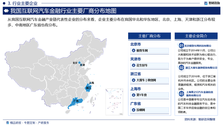 从我国互联网汽车金融产业链代表性企业的分布来看，企业主要分布在我国华北和华东地区，北京、上海、天津和浙江分布较多，中南地区广东省也有分布。