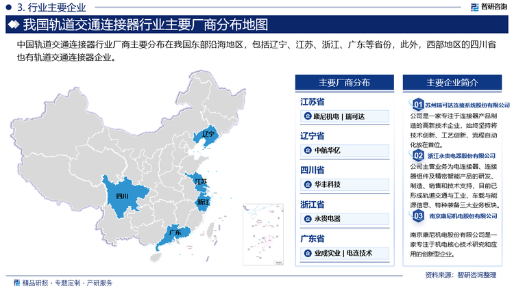 中国轨道交通连接器行业厂商主要分布在我国东部沿海地区，包括辽宁、江苏、浙江、广东等省份，此外，西部地区的四川省也有轨道交通连接器企业。