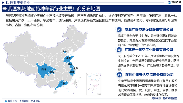 在21世纪初，相对于发达国家，我国民航产业发展起步相对较晚，中国的机场数量、覆盖面积依然相对较小，机场地面特种车辆行业规模也偏小。同时由于行业存在较大的区域性，以及仍显著存在的跨区域经营的隐形壁垒，行业内企业众多，规模普遍较小，竞争力较弱，技术研发实力与产品更新不能很好的满足市场需求，在国内与国际市场上的竞争力还相对较弱。但随着我国特种车辆核心零部件生产技术逐步被攻破，国产车辆凭借性价比、维护便利等优势在中国市场上脱颖而出，涌现一批包括威海广泰、天一股份、宇通客车、迪马股份、深圳达航等领先全国的国产制造商，通过创新能力、专利研发迅速打开国内市场，占据一定的市场份额。