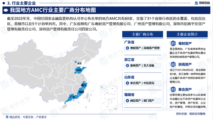 截至2023年末，中国经国家金融监管机构认可并公布名单的地方AMC共有60家，实现了31个省级行政区的全覆盖，包括自治区、直辖市以及5个计划单列市。其中，广东省拥有广东粤财资产管理有限公司、广州资产管理有限公司、深圳市招商平安资产管理有限责任公司、深圳资产管理有限责任公司四家公司。