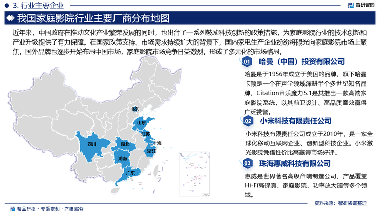 近年来，中国政府在推动文化产业繁荣发展的同时，也出台了一系列鼓励科技创新的政策措施，为家庭影院行业的技术创新和产业升级提供了有力保障。在国家政策支持、市场需求持续扩大的背景下，国内家电生产企业纷纷将眼光向家庭影院市场上聚焦，国外品牌也逐步开始布局中国市场，家庭影院市场竞争日益激烈，形成了多元化的市场格局。海外品牌包括kardon哈曼卡顿、SONY索尼、JBL杰宝、Onkyo安桥等是全球专业视听产品领域的先导企业，其凭借庞大的研发团体、高质量的产品以及全球一流的服务赢得市场青睐，进而依托完善的销售网络和消费者品牌忠诚度进军家庭影院市场，在全球占据较高的市场份额。国内家庭影院服务企业包括TCL、Hisense海信、Skyworth创维、Xiaomi小米等传统家电品牌以及惠威科技、万利达、先锋电子等专业影音品牌。