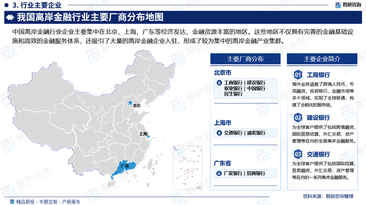 中國離岸金融行業(yè)企業(yè)主要集中在北京、上海、廣東等經(jīng)濟發(fā)達、金融資源豐富的地區(qū)。這些地區(qū)不僅擁有完善的金融基礎(chǔ)設(shè)施和高效的金融服務(wù)體系，還吸引了大量的離岸金融企業(yè)入駐，形成了較為集中的離岸金融產(chǎn)業(yè)集群。