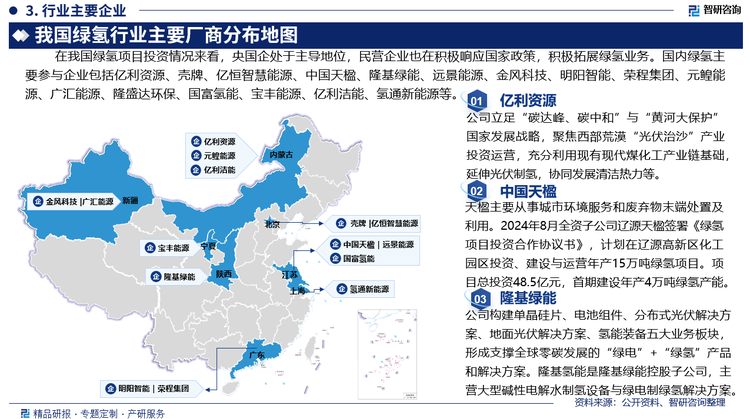 在我国目前绿氢项目投资情况来看，央国企处于主导地位，民营企业也在积极响应国家政策、抓住产业发展机遇、利用自身优势进行技术创新，以及拓展绿业务领域。目前，全球绿氢生产的主要企业主要包括西门子、壳牌和维斯塔斯等。国内绿氢行业主要参与企业包括亿利资源集团、壳牌（中国）、亿恒智慧(北京)能源、中国天楹、隆基绿能、远景能源、金风科技、明阳智能、荣程集团、元鳇能源、广汇能源、隆盛达环保、国富氢能、宝丰能源、亿利洁能、氢通新能源等等。