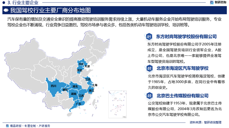 汽车保有量的增加及交通安全意识的提高推动驾驶培训服务需求持续上涨，大量机动车服务企业开始布局驾驶培训服务，专业驾校企业也不断涌现，行业竞争日益激烈。驾校市场参与者众多，包括各类机动车驾驶培训学校、培训班等。近年来，我国驾校数量持续增长。但由于存量资源消耗过快、增量资源出生人口减少，以及土地租赁、人力等经营成本增加等原因，我国驾校相关企业扩张能力明显下降；同时，这一系列的成本攀升并未能带动行业招生市场价格的相应提升，反而出现了价格竞争的白热化，部分机构采取低价策略以争夺生源，进一步加剧了市场竞争。这一环境下，东方时尚、深港驾校、海淀驾校以及北巴传媒旗下公交驾校等大型驾校和连锁培训机构凭借其品牌优势、教学质量和服务水平在市场上占据领先地位，部分小型驾校因缺乏品牌知名度和成本支付能力，在市场生源竞争中处于劣势，面临被淘汰的风险。
