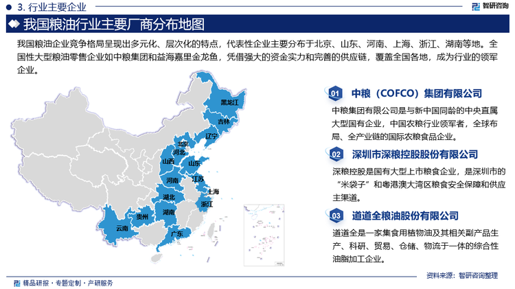 我国粮油企业竞争格局呈现出多元化、层次化的特点，代表性企业主要分布于北京、山东、河南、上海、浙江、湖南等地。全国性大型粮油零售企业如中粮集团和益海嘉里金龙鱼，凭借强大的资金实力和完善的供应链，覆盖全国各地，成为行业的领军企业。专业型粮油零售企业如鲁花和北大荒，则专注于某一类或某一种粮油产品的生产和销售，凭借高度的专业性和技术实力，在市场中形成了一定的竞争优势。区域性粮油企业如三河汇福和山东渤海，则在特定区域内深耕细作，凭借对本地市场的深入了解，灵活调整产品结构和营销策略，获得了一定的市场份额和品牌影响力。