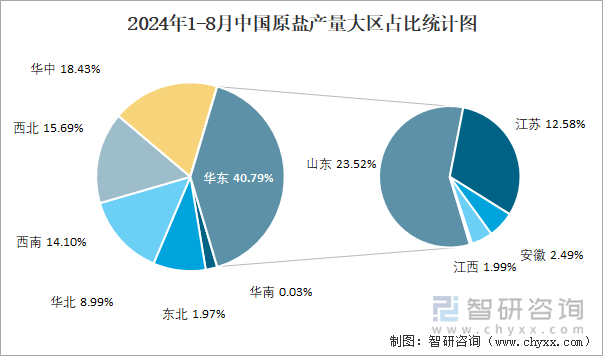 2024年1-8月中国原盐产量大区占比统计图