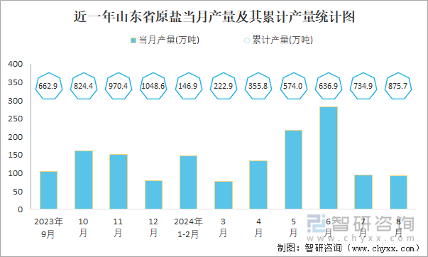 近一年山东省原盐当月产量及其累计产量统计图