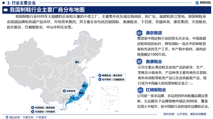 我国制鞋行业内存在大规模的企业和大量的小型工厂，主要集中在东南沿海地区，如广东、福建和浙江等地。我国制鞋业由高端品牌和低端产品共存，市场竞争激烈。其主要企业包括百丽国际、浙江奥康鞋业、千百度、安踏体育、康奈集团、天创股份、起步股份、红蜻蜓鞋业、中山华利实业等。