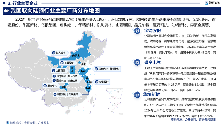 其中宝钢股份硅钢产量排名全国首位，自主研发的新一代汽车高强钢、取向硅钢、高等级家电用钢、能源海工用钢、桥梁用钢等高端产品处于国际先进水平。2024年上半年公司营收1633亿元，同比下降4.1%，归属净利润为45.45亿元，同比下降0.17%。望变电气生产输配电及控制设备和取向硅钢两大类产品，已形成“从取向硅钢—硅钢铁芯—电力变压器—箱式变电站/成套电气设备—检修运维安装服务”的一体化产业链。2024年上半年公司营收14.25亿元，同比增长15.43%，其中取向硅钢业务收入为6.03亿元，同比下降3.37%。华精新材主要产品冷轧取向硅钢，具有较强的低铁损高磁感性能，被广泛应用于节能变压器的关健核心部件铁芯的制造。2024年上半年公司营收2.67亿元，同比下降44.27%，其中冷轧取向硅钢业务收入为0.78亿元，同比下降67.85%。