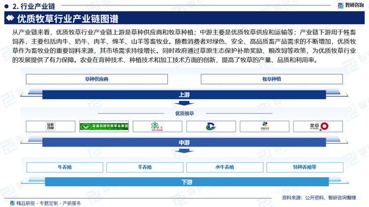 从产业链来看，优质牧草行业产业链上游是草种供应商和牧草种植；中游主要是优质牧草供应和运输等；产业链下游用于牲畜饲养，主要包括肉牛、奶牛、肉羊、绵羊、山羊等畜牧业。随着消费者对绿色、安全、高品质畜产品需求的不断增加，优质牧草作为畜牧业的重要饲料来源，其市场需求持续增长。同时政府通过草原生态保护补助奖励、粮改饲等政策，为优质牧草行业的发展提供了有力保障。农业在育种技术、种植技术和加工技术方面的创新，提高了牧草的产量、品质和利用率。