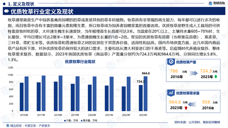 牧草通常就是生产中饲养畜禽而饲喂的的草或者是其他的草本科植物。牧草具有非常强的再生能力，每年都可以进行多次的收割，而且牧草中含有丰富的微量元素和维生素，所以牧草成为饲养者饲喂家畜的首要选择。优质牧草是野生或人工栽培的可供牲畜放牧时吃的草，大叶速生槐生长速度快，当年根埋苗生长高度可达3米。当温度在20℃以上、土壤持水量605~70%时，生长最快，平均日增长可达2厘米~3厘米，为普通刺槐生长量的1倍~2倍。常见的优质牧草有苜蓿（也称紫花苜蓿）、燕麦草、三叶草、青贮玉米等。优质牧草和普通牧草之间的区别在于其营养价值、适用性和品质。国内市场供需方面，近几年国内商品草产品有所下滑，对外优质牧草仍保持较大的进口需求，主要包括从澳大利亚进口的干燕麦等。后疫情时代养殖业复苏，整体牧草需求复苏，数据显示，2023年我国优质牧草（商品草）产需量分别约为724.3万吨和964.6万吨，分别同比增长5.8%、1.3%。