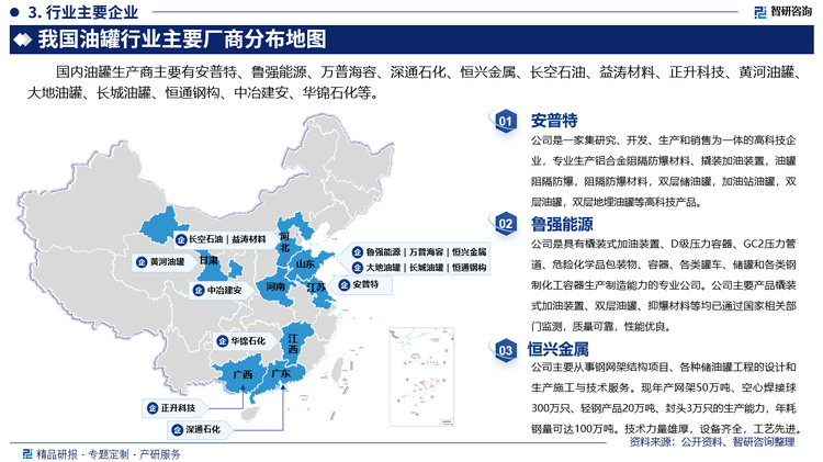 其中安普特是一家集研究、开发、生产和销售为一体的高科技企业，专业生产铝合金阻隔防爆材料、撬装加油装置，油罐阻隔防爆，阻隔防爆材料，双层储油罐，加油站油罐，双层油罐，双层地埋油罐等高科技产品。鲁强能源是具有橇装式加油装置、D级压力容器、GC2压力管道、危险化学品包装物、容器、各类罐车、储罐和各类钢制化工容器生产制造能力的专业公司。公司主要产品橇装式加油装置、双层油罐、抑爆材料等均已通过国家相关部门监测，质量可靠，性能优良。恒兴金属主要从事钢网架结构项目、各种储油罐工程的设计和生产施工与技术服务。现年产网架50万吨、空心焊接球300万只、轻钢产品20万吨、封头3万只的生产能力，年耗钢量可达100万吨。技术力量雄厚，设备齐全，工艺先进。