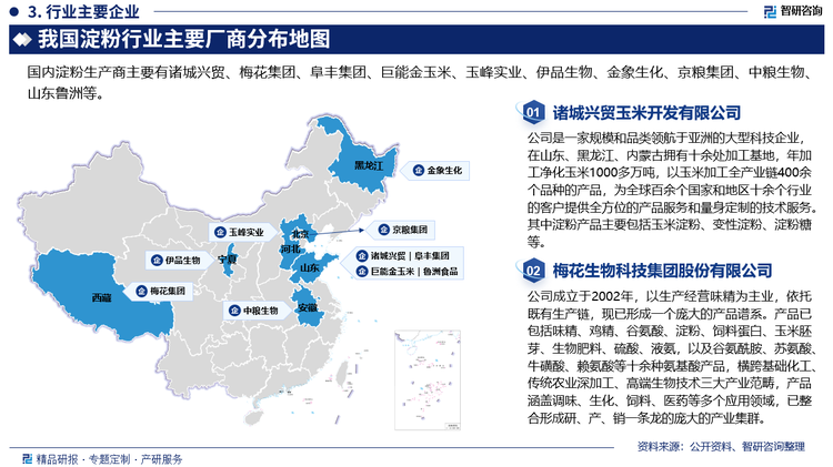 目前，我国淀粉行业企业众多，但产品难以实现差异化，因此企业间的竞争较为激烈。由于玉米淀粉是中国淀粉市场最为主要的产品，占我国淀粉产品产量的90%以上，近几年有所波动，但总体稳定，因此，我国淀粉生产企业的地域集中程度较高，主要位于玉米主产区的华北、东北和西北区域，原料供应充裕，成本低廉，且可以充分发挥深加工企业“潮粮生产”的特点。目前，我国淀粉行业主要企业有诸城兴贸、梅花集团、阜丰集团、巨能金玉米、玉峰实业、伊品生物、金象生化、京粮集团、中粮生物、山东鲁洲等。