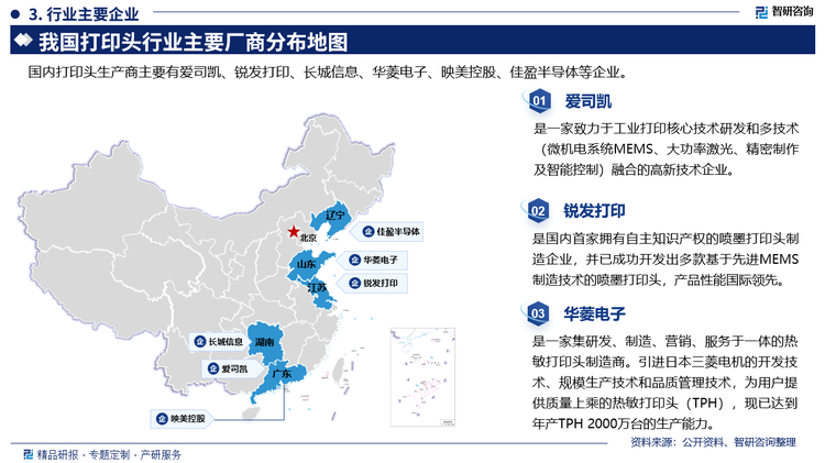 其中愛司凱是一家致力于工業(yè)打印核心技術(shù)研發(fā)和多技術(shù)(微機電系統(tǒng)MEMS、大功率激光、精密制作及智能控制)融合的高新技術(shù)企業(yè)，銳發(fā)打印是國內(nèi)首家擁有自主知識產(chǎn)權(quán)的噴墨打印頭制造企業(yè)，并已成功開發(fā)出多款基于先進MEMS制造技術(shù)的噴墨打印頭，產(chǎn)品性能國際領先。華菱電子是一家集研發(fā)、制造、營銷、服務于一體的熱敏打印頭制造商。引進日本三菱電機的開發(fā)技術(shù)、規(guī)模生產(chǎn)技術(shù)和品質(zhì)管理技術(shù)，為用戶提供質(zhì)量上乘的熱敏打印頭(TPH)，現(xiàn)已達到年產(chǎn)TPH 2000萬臺的生產(chǎn)能力。