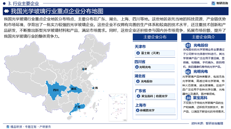 我国光学玻璃行业重点企业地区分布特点，主要分布在广东、湖北、上海、四川等地。这些地区依托当地的科技资源、产业链优势和市场环境，孕育出了一批实力较强的光学玻璃企业。这些企业不仅拥有完善的生产体系和较高的技术水平，还注重技术创新和产品研发，不断推出新型光学玻璃材料和产品，满足市场需求。同时，这些企业还积极参与国内外市场竞争，拓展市场份额，提升了我国光学玻璃行业的整体竞争力。