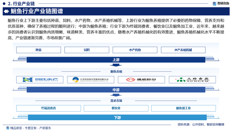 鮰魚(yú)行業(yè)上下游主要包括種苗、飼料、水產(chǎn)藥物、水產(chǎn)養(yǎng)殖機(jī)械等，上游行業(yè)為鮰魚(yú)養(yǎng)殖提供了必要的藥物保障、營(yíng)養(yǎng)支持和優(yōu)質(zhì)苗種，確保了養(yǎng)殖過(guò)程的順利進(jìn)行；中游為鮰魚(yú)養(yǎng)殖；行業(yè)下游為終端消費(fèi)者、餐飲業(yè)以及鮰魚(yú)加工業(yè)，近年來(lái)，越來(lái)越多的消費(fèi)者認(rèn)識(shí)到鮰魚(yú)肉質(zhì)細(xì)嫩、味道鮮美、營(yíng)養(yǎng)豐富的優(yōu)點(diǎn)，隨著水產(chǎn)養(yǎng)殖機(jī)械化的有效推進(jìn)，鮰魚(yú)養(yǎng)殖機(jī)械化水平不斷提高，產(chǎn)業(yè)鏈逐漸完善，市場(chǎng)前景廣闊。