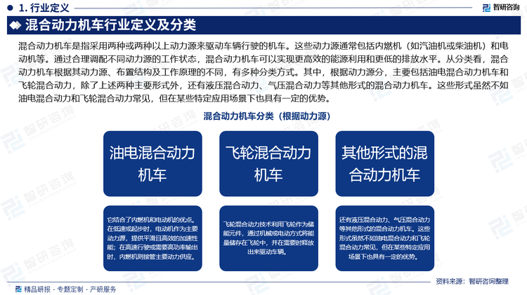 混合动力机车是指采用两种或两种以上动力源来驱动车辆行驶的机车。这些动力源通常包括内燃机（如汽油机或柴油机）和电动机等。通过合理调配不同动力源的工作状态，混合动力机车可以实现更高效的能源利用和更低的排放水平。从分类看，混合动力机车根据其动力源、布置结构及工作原理的不同，有多种分类方式。其中，根据动力源分，主要包括油电混合动力机车和飞轮混合动力，除了上述两种主要形式外，还有液压混合动力、气压混合动力等其他形式的混合动力机车。这些形式虽然不如油电混合动力和飞轮混合动力常见，但在某些特定应用场景下也具有一定的优势。