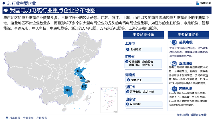 华东地区的电力电缆企业数量众多，占据了行业的较大份额。江苏、浙江、上海、山东以及湖南是该地区电力电缆企业的主要集中地。这些地区不仅企业数量多，而且形成了多个以大型电缆企业为龙头的电线电缆企业集群，如江苏的宝胜股份、永鼎股份、智慧能源、亨通光电、中天科技、中辰电缆等，浙江的万马电缆、万马东方电缆等，上海的起帆电缆等。