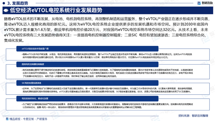 随着eVTOL技术的不断发展，从电池、电机到电控系统，再到整机制造和运营服务，整个eVTOL产业链正在逐步形成并不断完善，推动eVTOL迈入规模化商用的新纪元。这将为eVTOL电控系统企业提供更多的发展机遇和市场空间。预计到2030年底国内eVTOL累计需求量为1.6万架，假设单机用电控价值20万元，对应国内eVTOL电控系统市场空间达32亿元。从技术上看，未来eVTOL电控系统有三大发展趋势值得关注：一是提高电机控制器控制精度；二是SIC 电控有望加速渗透；三是电控系统综合化、集成化发展。