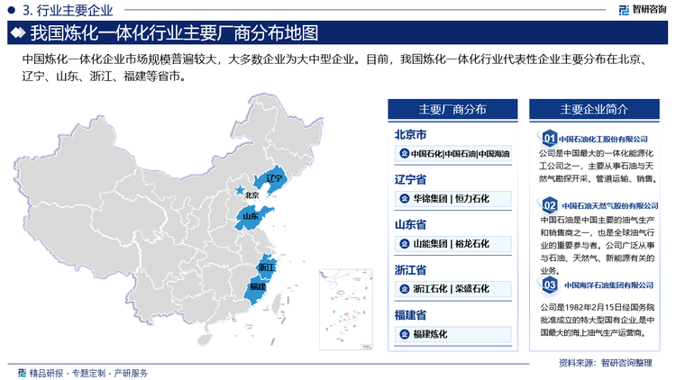 中国炼化一体化企业市场规模普遍较大，大多数企业为大中型企业。目前，我国炼化一体化行业代表性企业主要分布在北京、辽宁、山东、浙江、福建等省市。