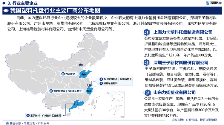 目前，国内塑料托盘行业企业规模较大的企业数量较少，企业较大的有上海力卡塑料托盘制造有限公司、深圳王子新材料股份有限公司、广州市塑料工业集团有限公司、上海派瑞特塑业有限公司、浙江普耐姆塑业股份有限公司、山东力扬塑业有限公司、上海格勒包装材料有限公司、台州市中天塑业有限公司等。以王子新材为例，王子新材塑料包装业务主要根据客户需求的产品特性、技术要求等，进行相应的包装设计和包装产品开发。在塑料包装行业的产品类型丰富，覆盖塑料包装膜、塑料托盘、塑料缓冲材料、泡沫包装材料、纸质包装材料五大系列产品。2023年王子新材塑料包装业务营业收入达到10.86亿元，占总营业收入的61.24%。