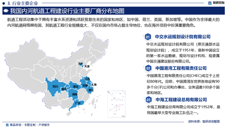 航道工程活动集中于拥有丰富水系资源和活跃贸易往来的国家和地区，如中国、荷兰、美国、新加坡等。中国作为全球最大的内河航道网络拥有国，其航道工程行业规模庞大，不仅在国内市场占据主导地位，也在海外项目中扮演重要角色。欧洲和北美地区则以其先进的技术、丰富的经验和高标准的环保要求，在国际航道工程项目中保持领先地位。我国航道工程建设行业内部竞争激烈，市场参与者包括大型跨国工程公司、国家航道管理局下属企业和地方性专业施工单位。这些企业不仅在传统航道疏浚、河床整治、防洪排涝等项目上竞争，还在航道智能化、绿色航道建设等新兴领域展开角逐。